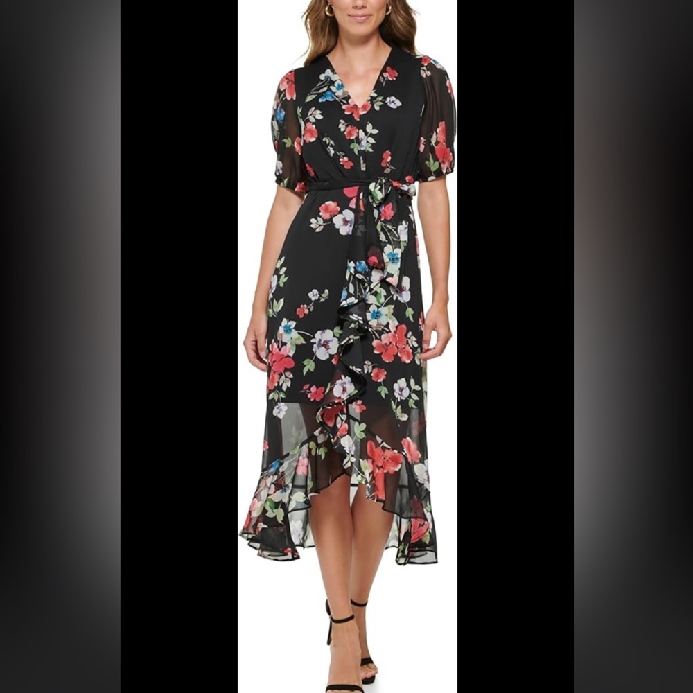 DKNY Women's Black
Floral-Print Ruffled Hem Puff Sleeve Midi
Dress Size 14W NWT - Picture 4 of 16